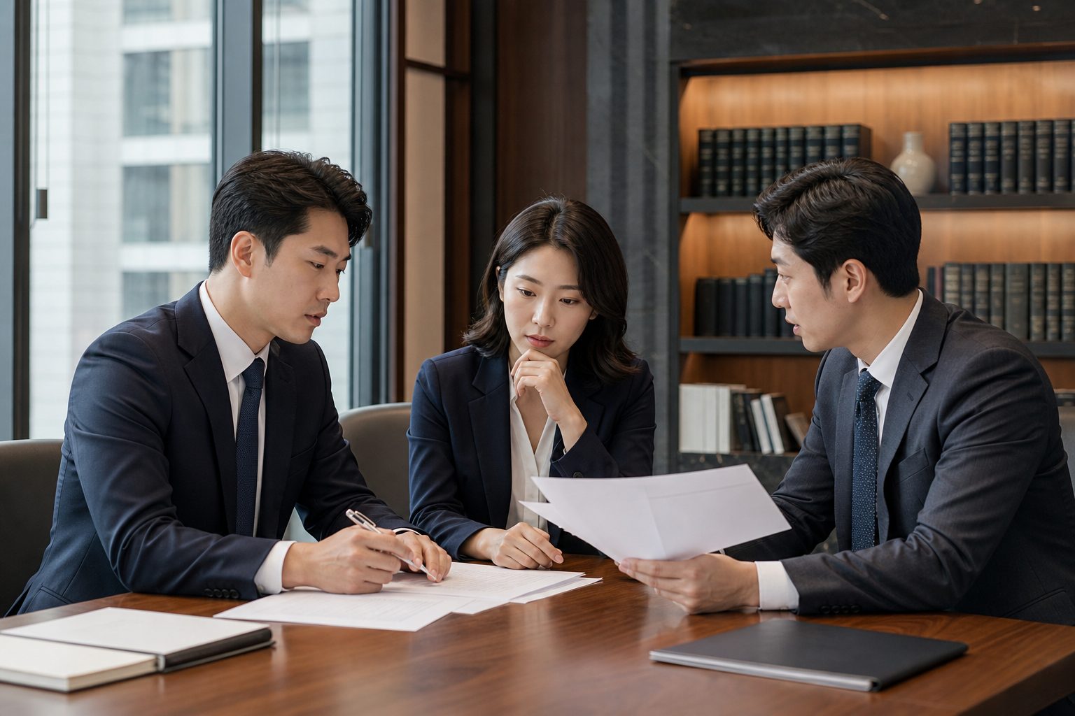 회의 테이블에서 서류를 놓고 논의하는 직장인들